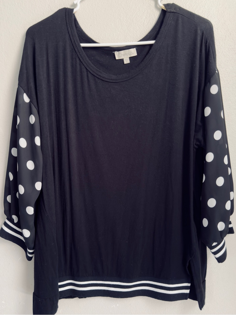 Chenault Black Pullover Sweatshirt with White Polka Dot Sleeves
